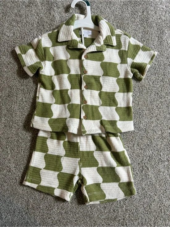 Greyson Mink Olive Green & Cream Check Waffle Set