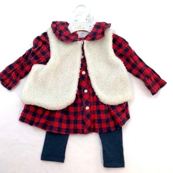 Max Studio Kids 3pcSet 5T buffalo plaid, top leggings, and fuzzy vest NWT