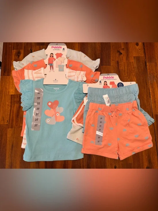 NWT Pekkle Girls 8-Piece Coral & Aqua T-Shirt and Shorts, Mix and Match Set - 3T