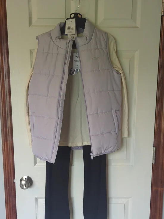 Puma Girls Lavender Puffer Vest with Cream Long Sleeve Top And Black Pants