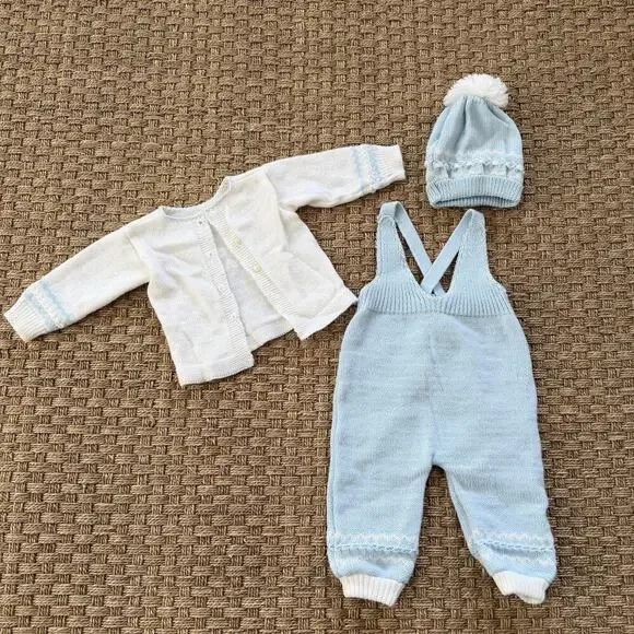 Vintage Heirloom Baby Boy’s Crylor Overalls, Cardigan & Knit Hat Baby Blue Set