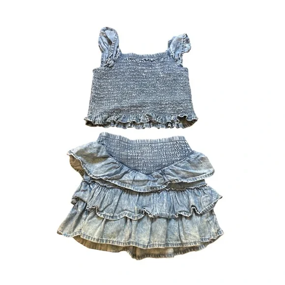 Wonder Nation Skort Set Kids Blue Acid Wash Smocked‎ Ruffle Boho SIZE 2T