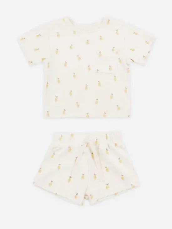 Quincy Mae Boxy Pocket Tee and Short Set - Lemons 4/5Y Organic Cotton