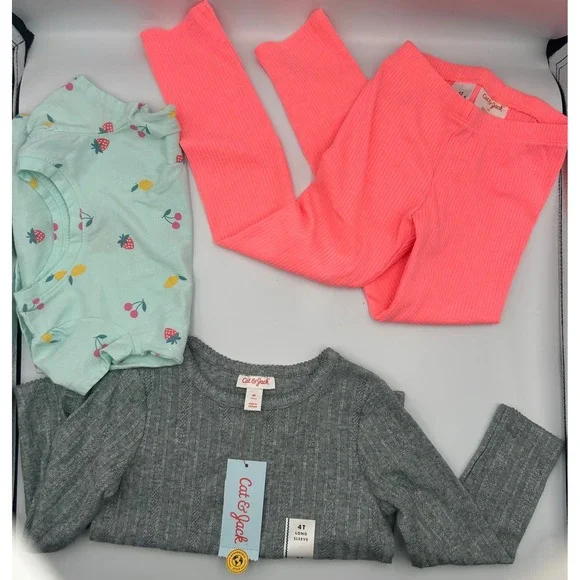 Cat & Jack Girls 3pc Bundle Ribbed Top Leggings Fruit Tee Grey Pink 3T 4T 5T NWT