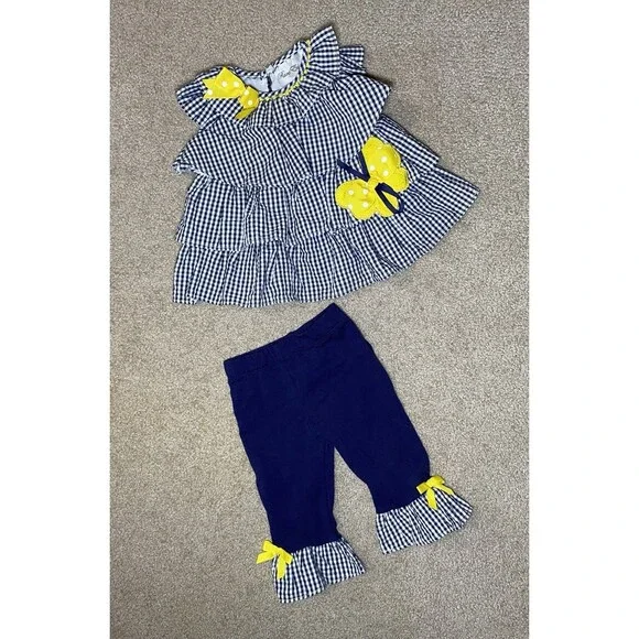 Rare Editions 6M Navy Gingham Butterfly Outfit 2pc Set Pom Pom Trim Summer