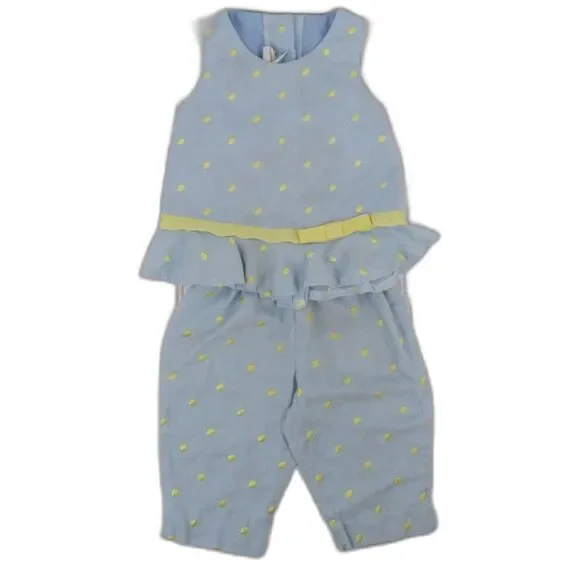 VTG Peaches and Cream Toddler Girls Set Blue Yellow Polka Dots Size 2T