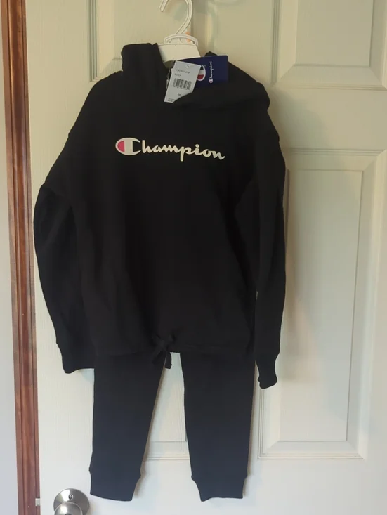 Champion Kids Black Hoodie and Jogger Set with Logo