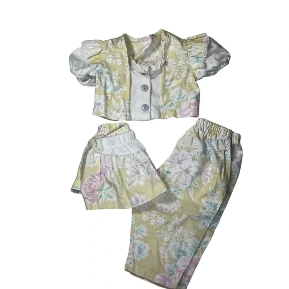 Vintage Evy Kids Floral 3 Piece Set Top Pants Skirt Pastel‎ Yellow Pink Lace 6-9