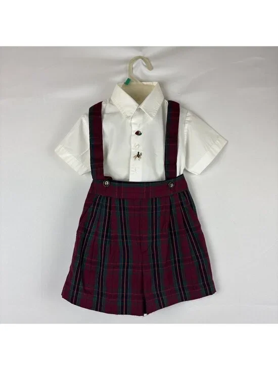 VTG Baby Boy Overall Short Set Sz 2T Plaid Jockey Horse