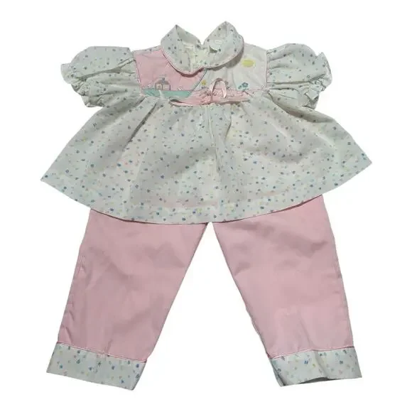 Vintage 2-piece Baby Outfit Top Pants 18 Months Girl Pink Appliqué House Flowers