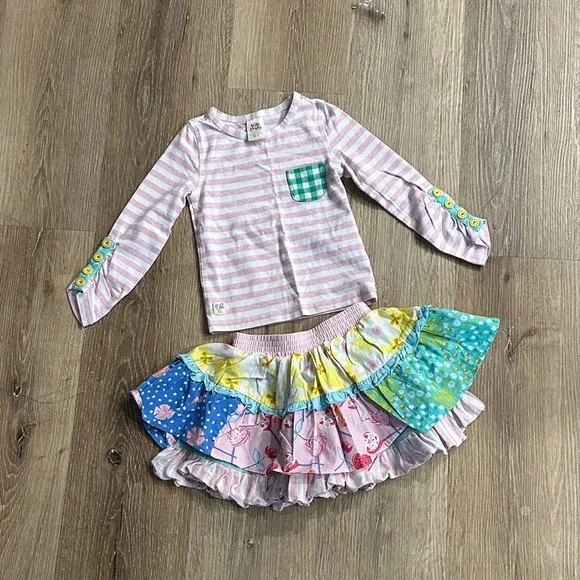 Wildflowers Girls Pink Striped Top and‎ Patchwork Ruffle Skirt Set Size 2
