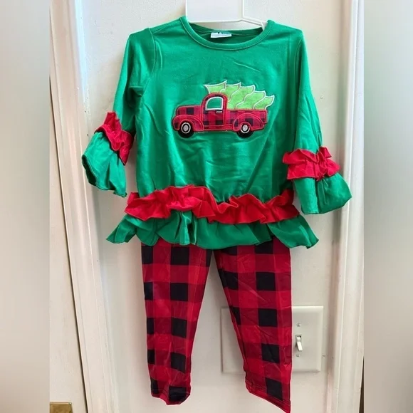 New Christmas Tree Truck Ruffled Tunic & Leggings Set
