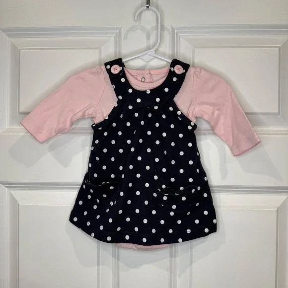 Carter's‎ Baby Girls White Polka Dot Dress W/ Long Sleeve Onesie Size 3 Months