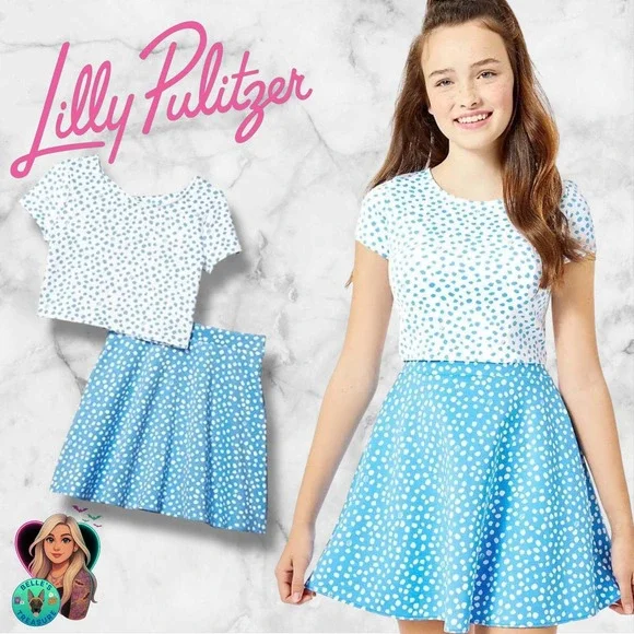 Lilly Pulitzer Girls 14 XL Thelma Set Polka Two Piece‎ Set Blue Skirt Top Dress