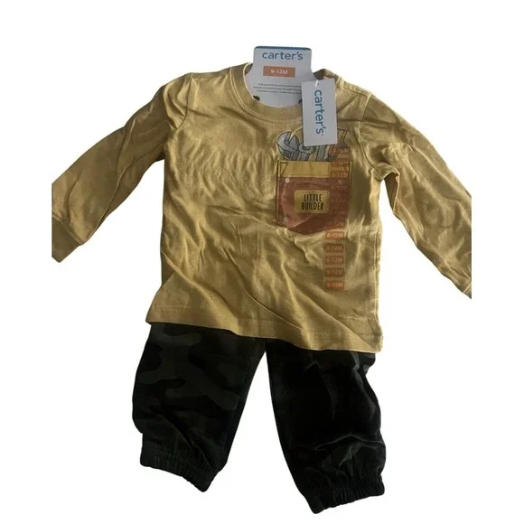 Carters Little Builder 2pc Set Yellow Long Sleeve Tee Camo Jogger Baby Boy 9-12M