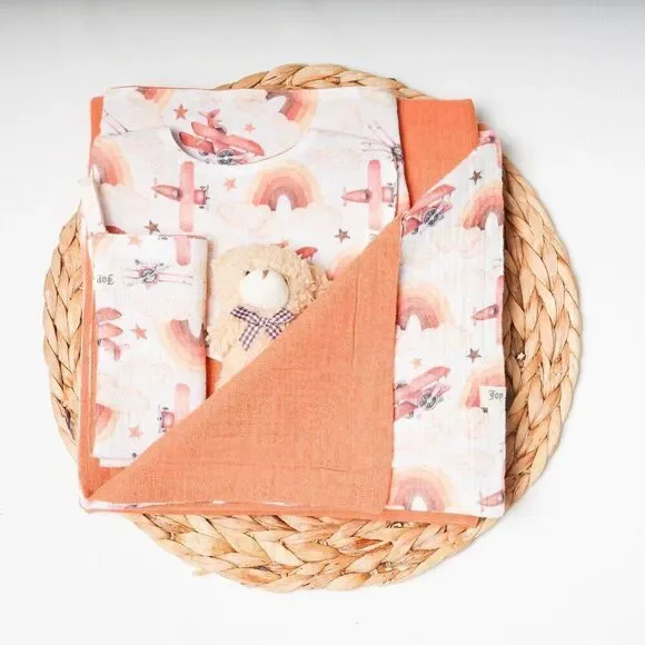 Baby Muslin blanket +burp cloth + toy + bib set, organic muslin baby bib, 4 laye