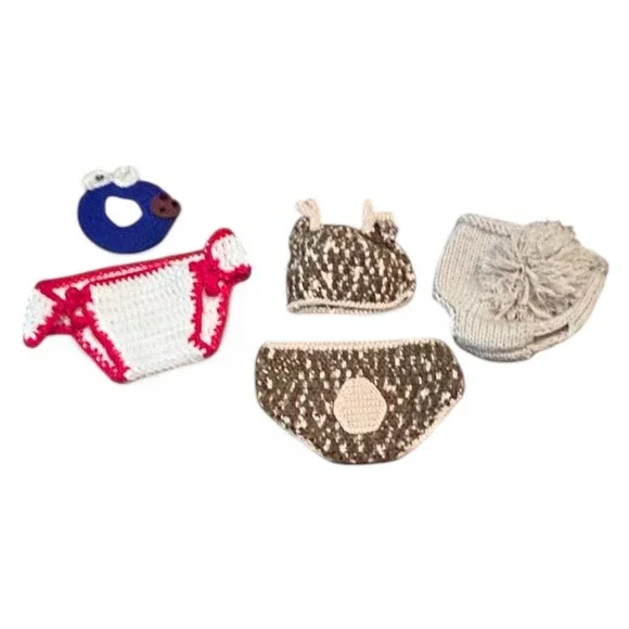 Crochet Knit Baby Bundle Deer Set Diaper‎ Covers Beanie Cookie Monster Homemade