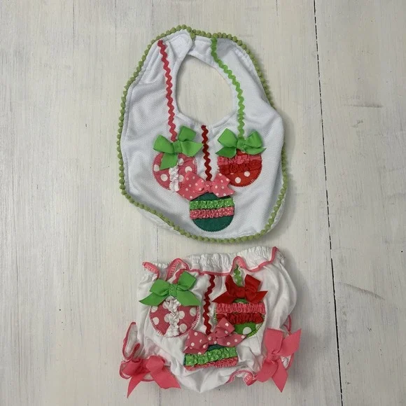 Christmas Set 0-6 Mo Baby Girl Green/Pink/White Bib‎ Bloomers B137