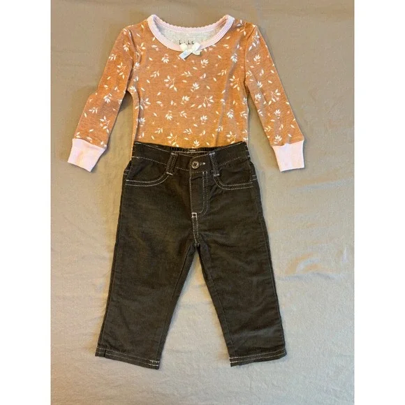 Nicole Miller Baby Girls 18M Orange Floral Long Sleeve‎ Top & Corduroy Pants Set