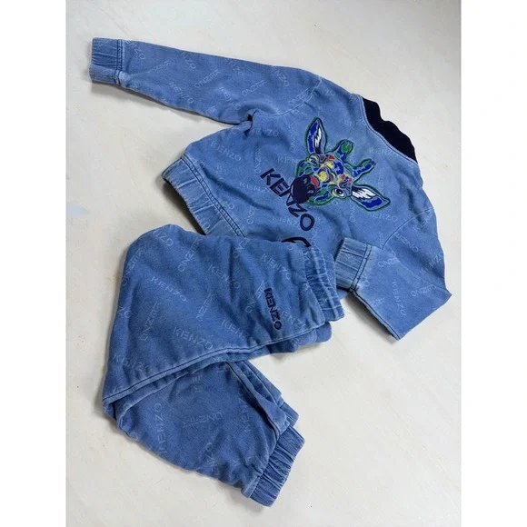 Kenzo Kids Blue Denim Wash Giraffe Logo Tracksuit Set Jacket Pants 4A 104cm