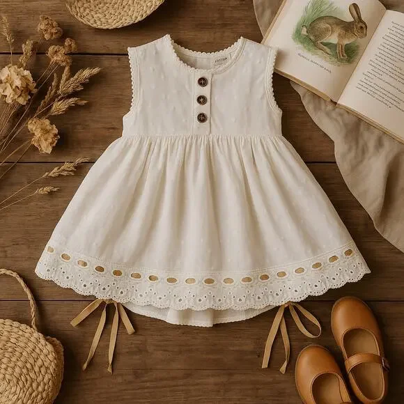 Camille & Leah Ribbon Lace 2 Piece Set Cream Dress Short Baby Girl 12M 12 Months