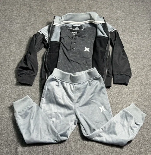Hurley Gray & Black Colorblock 3-Piece Track Suit Joggers/Jacket/Henley 3T/4T