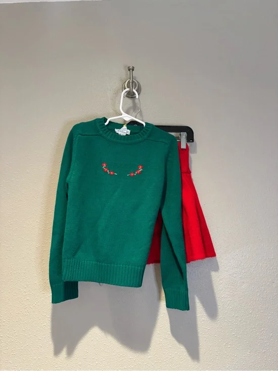 Festive Green Embroidered Floral Sweater & Red Pleated Skirt Set - Kids Large
