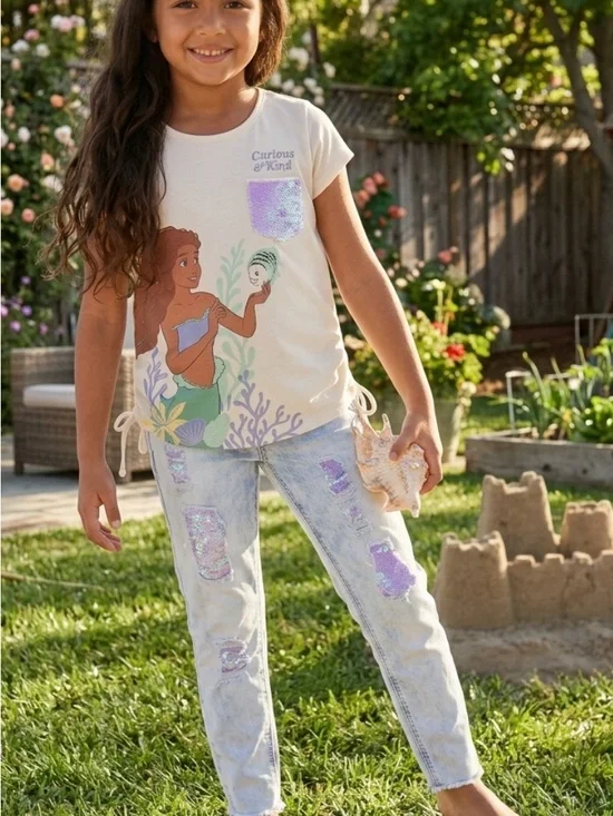 Disney Girls Cream Ariel Graphic Tee and Light Wash Sequin Patch Jeans