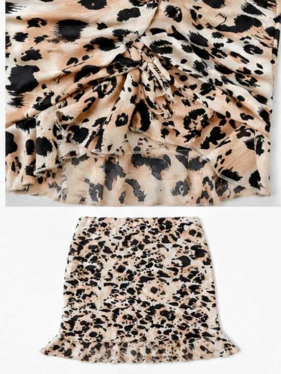 SHEIN Brown Ribbed Button Crop Top & Beige Leopard Ruffle Mini Skirt Set