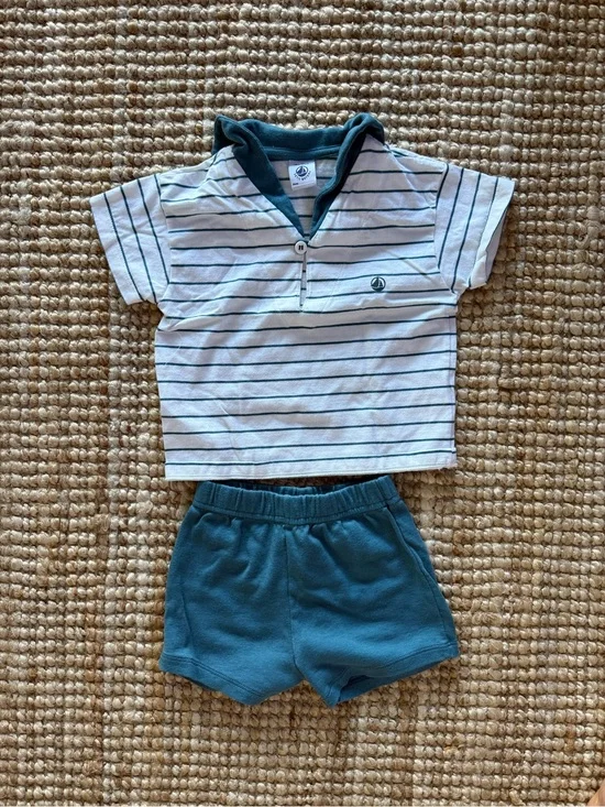 Petit Bateau Toddler Striped Sailor Polo Top with Teal Shorts, Like New!