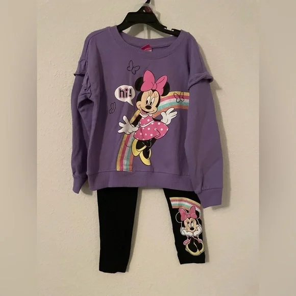 Disney Purple Minnie Mouse Sweatshirt and Black Leggings Girls Set size 5/6-NWT