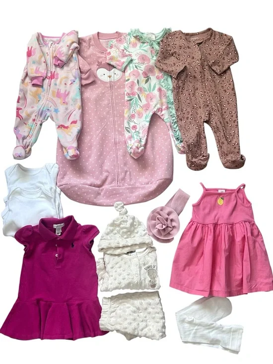 Baby Girl Pink & Floral Sleepwear and Dress Bundle Size 6-8 Months/ 13 items