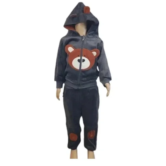 5T Toddler Grey Teddy Bear 2 piece Hoodie and Pants Velvet Outfit Set