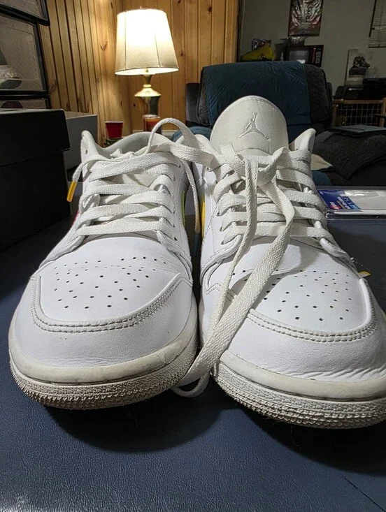 Jordan 1 Low Men's White  Leather Sneakers Multicolor Swoosh Size 10m.