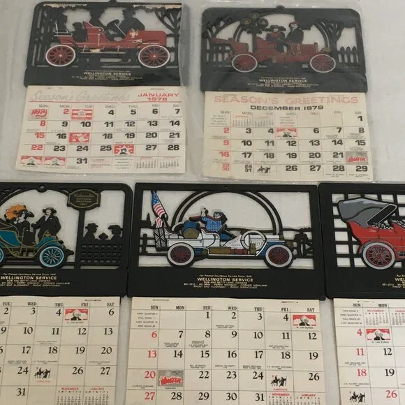 Vintage car service place calendar lot plastic cut out tops old cars silhouette