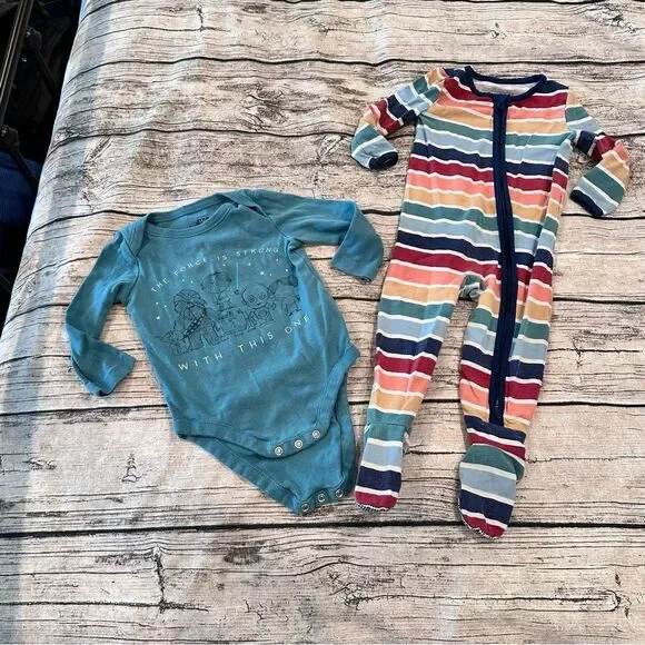 GAP Blue Star Wars Onesie & Rugged Butts Multicolor Striped Footie Size 6-12
