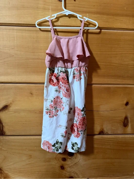 SHEIN Pink & White Floral Girls' Spaghetti-Strap Jumpsuit