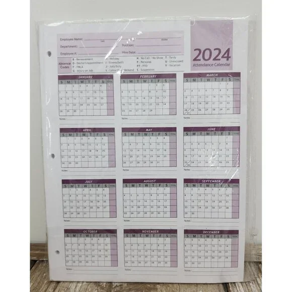 Attendance Calendar Employee Card Record Tracker 2024 Pack of 25 Sheets 8.5 x 11
