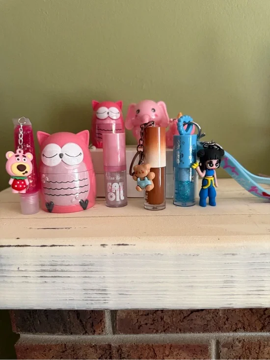 Cute Pink Owl & Character Lip Balm and Keychain Set 8 pc set