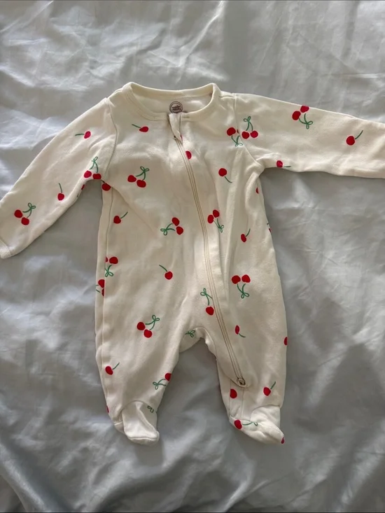 Cream Cherry-Print Baby One-Piece Zipper Footed Pajamas
