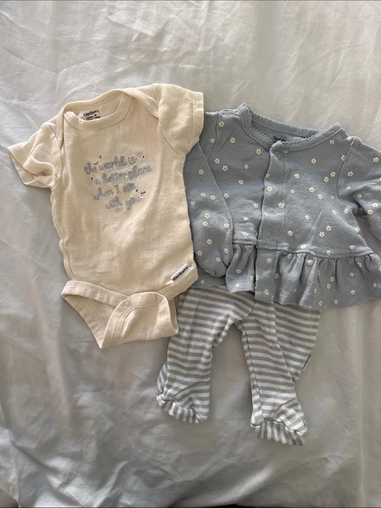 Gerber Cream Bodysuit with Light Blue Floral Cardigan & Striped Footed Pants