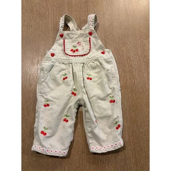 Baby Girls 6-9M Cherry Embroidered Overalls Romper Hearts Cottagecore Vintage