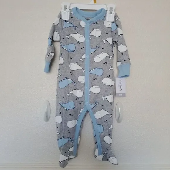 Carters Baby Boy Cute Whale 100% Cotton Long Sleeve Snap-Up Sleep & Play 6M Gray