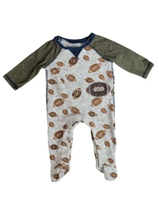 Mud Pie Football Sleeper Cream 3-6M Footed Long Sleeve Snap One Piece Waffle