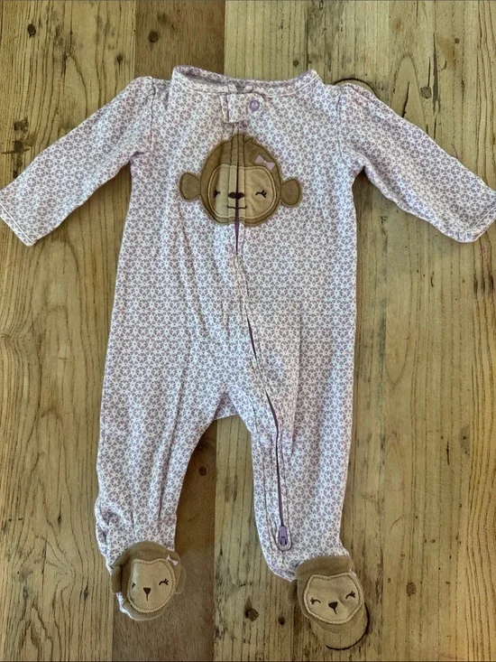 Pink Floral Baby One-Piece Footed Sleeper with Monkey Applique