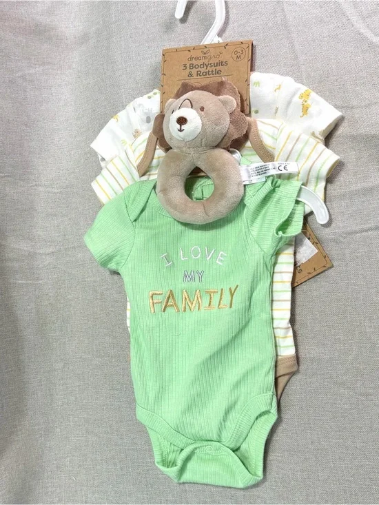 Dreamgro 3 Pack Baby One-Piece Set featuring a lion rattle