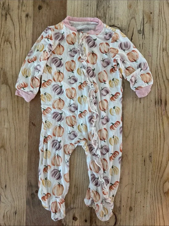 Pumpkin Print White Footie One-Piece with Pink Trim