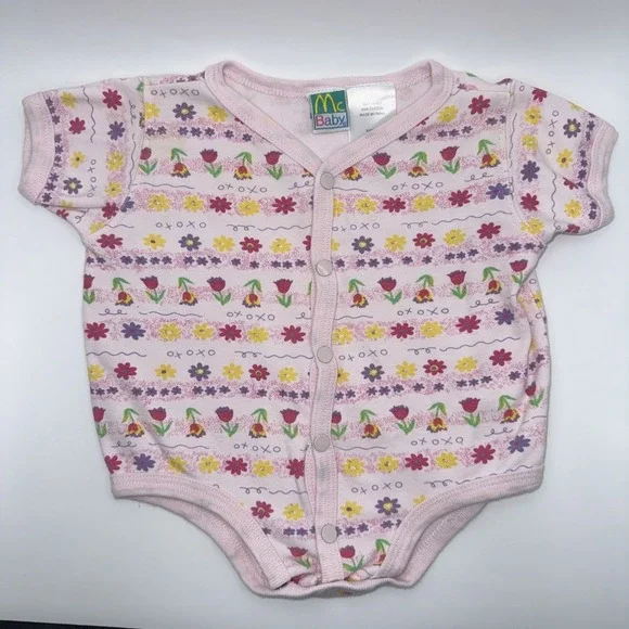 Vintage McBaby Girls Pink Bodysuit Snap Front Flowers & Tulips XOXO 3-6 Months