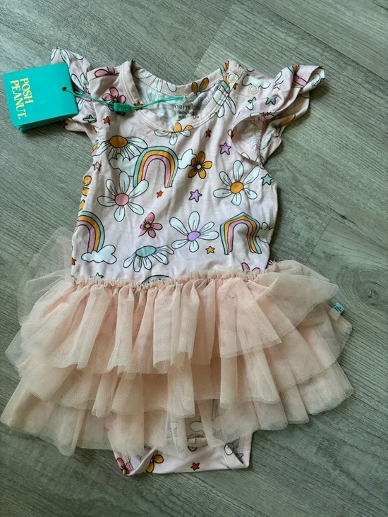 Posh Peanut Pink Rainbow & Daisy Tulle One-Piece Bodysuit