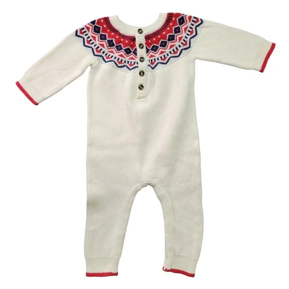 Hanna Andersson Kids 2T Fair Isle Knit Romper Cream Red‎ Blue Cotton 67226 FWH24